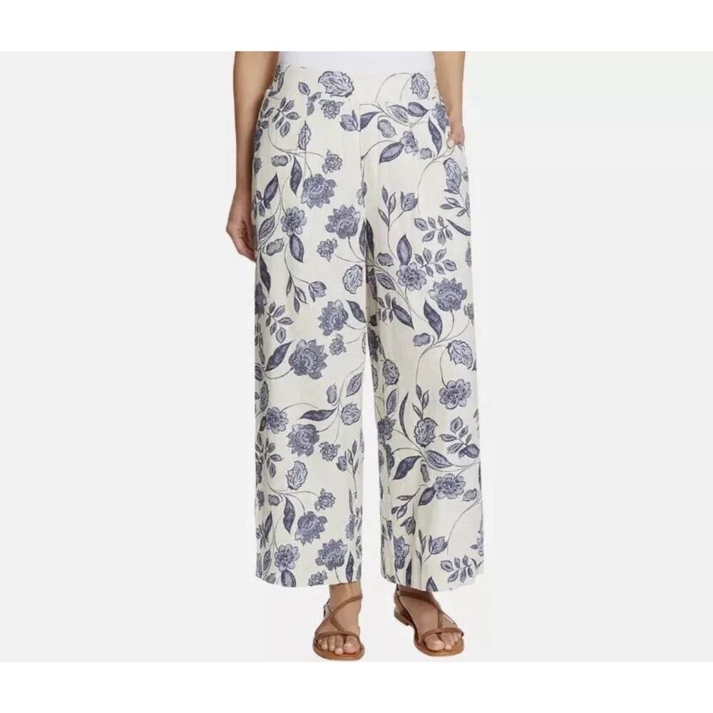 Ella Moss Xl Linen Blend Wide Leg Pants Pull On Blue Floral Pockets Resort Beach